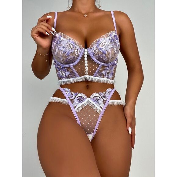 Sexy Floral Embroidery Sheer Lingerie Set - Picture 5 of 7